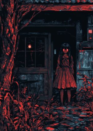 Red-Eyed Girl in a Dark House: Pixel Art Print - Premium Wooden Framed Poster. Ready to Hang.