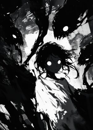 Girl Surrounded by Shadows: A Dark Fantasy Art Print - Premium Wooden Framed Poster. Ready to Hang.