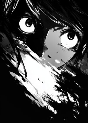 Anime Girl with Wide Eyes: Black and White Abstract Art Print - Premium Wooden Framed Poster. Ready to Hang.