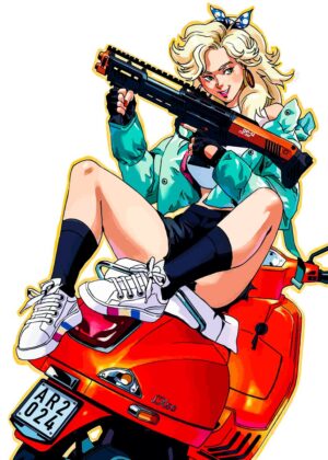 Blonde Girl on Scooter: Bold, Edgy Art Print - Premium Wooden Framed Poster. Ready to Hang.