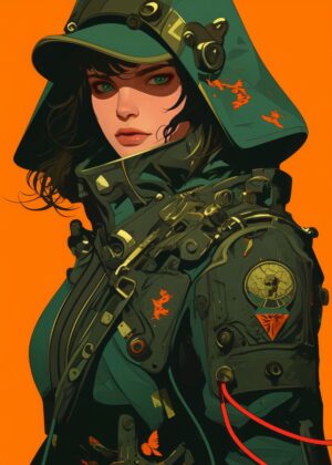 Cyberpunk Female Warrior: Digital Art Print - Premium Wooden Framed Poster. Ready to Hang.