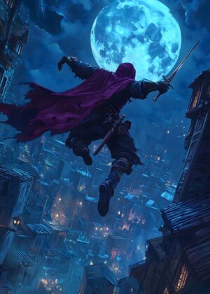 Night Leaping Artwork: A Dark Fantasy Adventure - Premium Wooden Framed Poster. Ready to Hang.