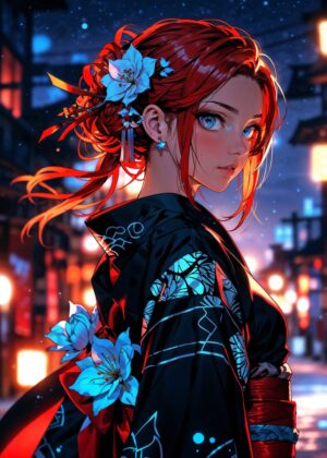 Nocturnal Elegance: Anime Girl in Kimono - Premium Wooden Framed Poster. Ready to Hang.