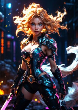 Cyberpunk Warrior Woman: Digital Art Print - Premium Wooden Framed Poster. Ready to Hang.