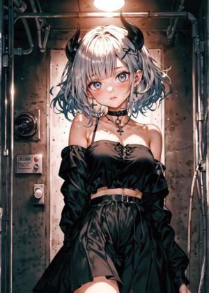 Cute Anime Girl with Horns: Dark Academia Aesthetic - Premium Wooden Framed Poster. Ready to Hang.