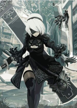 2B Nier Automata Anime Art Print - Premium Wooden Framed Poster. Ready to Hang.