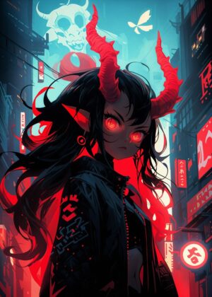 Red-Eyed Demon Girl: Cyberpunk Anime Art Print - Premium Wooden Framed Poster. Ready to Hang.