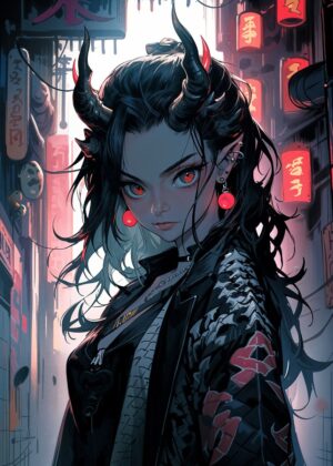 Demon Girl in Urban Night - Premium Wooden Framed Poster. Ready to Hang.