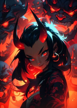 Fiery Demon Girl Art Print - Premium Wooden Framed Poster. Ready to Hang.