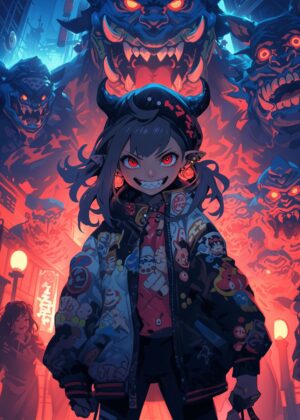 Demon Girl Amidst Urban Chaos - Premium Wooden Framed Poster. Ready to Hang.