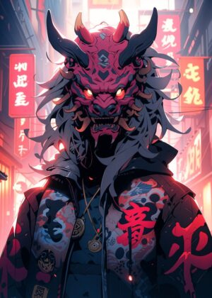 Oni Mask Street Art: Cyberpunk Samurai Spirit - Premium Wooden Framed Poster. Ready to Hang.