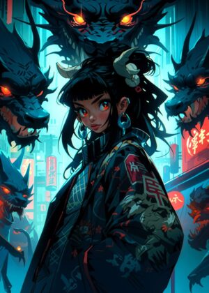 Anime Girl and Dragons: Cyberpunk Fantasy Art - Premium Wooden Framed Poster. Ready to Hang.