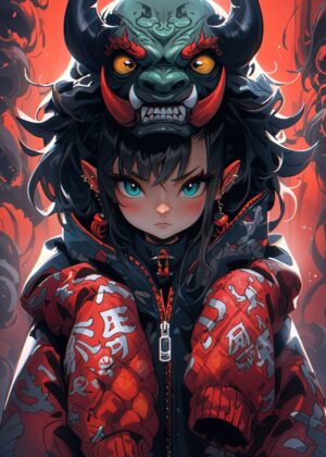 Anime Girl with Oni Mask: Fierce and Stylish Digital Art - Premium Wooden Framed Poster. Ready to Hang.