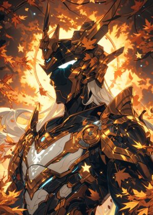 Golden Armored Warrior: Autumn Majesty - Premium Wooden Framed Poster. Ready to Hang.
