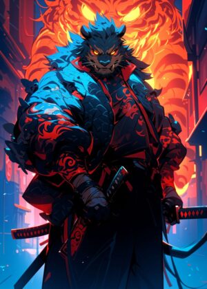 Anthropomorphic Samurai: Fierce Warrior Artwork - Premium Wooden Framed Poster. Ready to Hang.