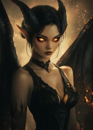Dark Angel with Horns: Fiery Digital Art Print - Premium Wooden Framed Poster. Ready to Hang.