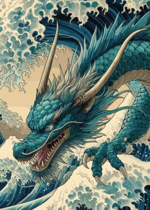 Water Dragon Great Wave: A Majestic Ukiyo-e Inspired Artwork - Premium Wooden Framed Poster. Ready to Hang.