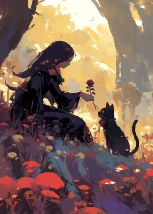 Girl Offering Rose to Black Cat in Enchanting Forest - Premium Wooden Framed Poster. Ready to Hang.