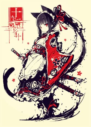 Girl Warrior with Katana: Anime Art Print - Premium Wooden Framed Poster. Ready to Hang.
