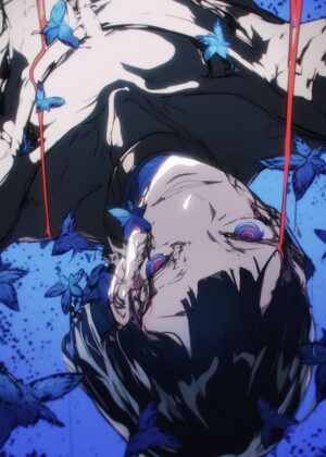 Anime Character Art Print: Blue Butterflies and Despair - Premium Wooden Framed Poster. Ready to Hang.