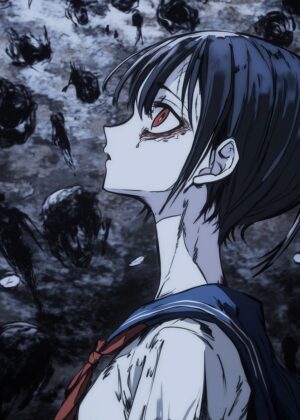 Anime Girl with Red Eyes: A Haunting Digital Art Print - Premium Wooden Framed Poster. Ready to Hang.