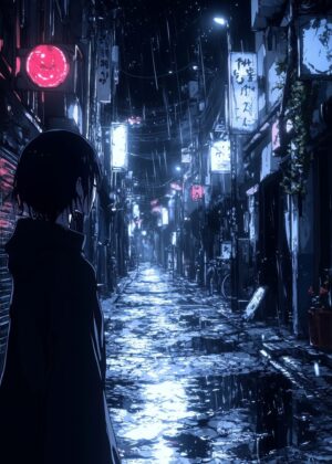 Rainy Night Alley: Anime-Style Digital Art Print - Premium Wooden Framed Poster. Ready to Hang.