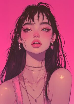 Anime Girl Portrait: Dreamy Pink Hues - Premium Wooden Framed Poster. Ready to Hang.