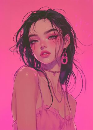 Anime Girl Portrait: Vibrant Pink Aesthetic - Premium Wooden Framed Poster. Ready to Hang.