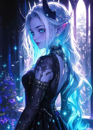 Mystical Blue-Haired Demon Girl Artwork - Premium Wooden Framed Poster. Ready to Hang.