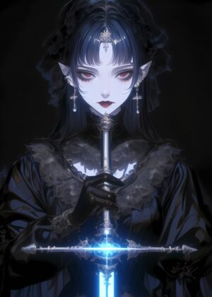 Dark Anime Vampire Girl with Sword Artwork - Premium Wooden Framed Poster. Ready to Hang.