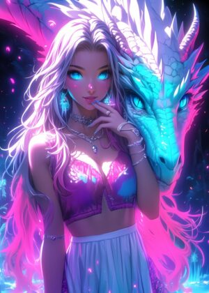 Anime Girl and Dragon: Fantasy Art Print - Premium Wooden Framed Poster. Ready to Hang.