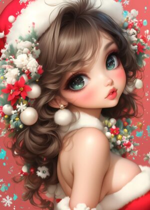 Christmas Anime Girl: Festive Digital Art Print - Premium Wooden Framed Poster. Ready to Hang.