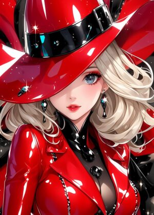 Red-Clad Anime Woman Christmas Art Print - Premium Wooden Framed Poster. Ready to Hang.