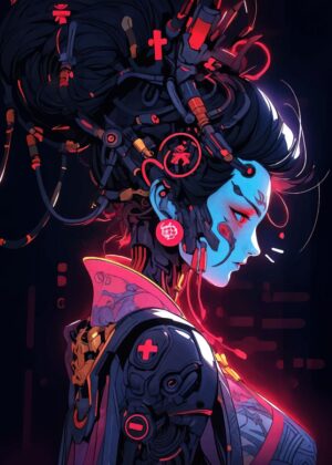 Cyberpunk Geisha: Digital Art Print - Premium Wooden Framed Poster. Ready to Hang.