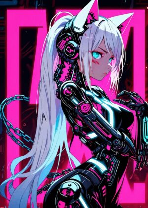 Cyberpunk Anime Girl Art Print - Premium Wooden Framed Poster. Ready to Hang.