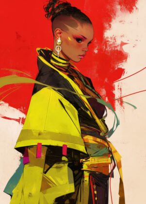 Cyberpunk Woman in Yellow: Bold Digital Art Print - Premium Wooden Framed Poster. Ready to Hang.