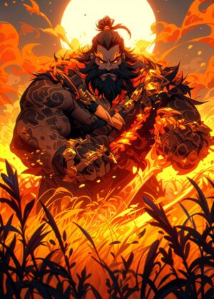 Fiery Warrior: A Digital Painting of Epic Proportions - Premium Wooden Framed Poster. Ready to Hang.