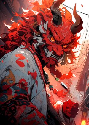 Fiery Red Oni Digital Art Print - Premium Wooden Framed Poster. Ready to Hang.