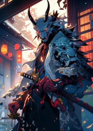 Oni Mask Samurai: A Stunning Digital Artwork - Premium Wooden Framed Poster. Ready to Hang.