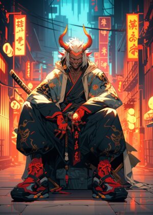 Demonic Samurai Neon City Artwork - Premium Wooden Framed Poster. Ready to Hang.