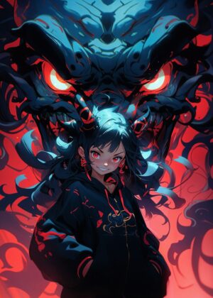 Fiery Anime Girl and Dragon Artwork - Premium Wooden Framed Poster. Ready to Hang.