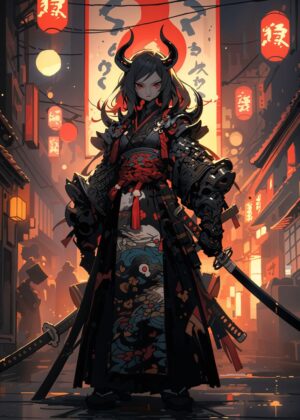 Demonic Samurai Girl: Dark Fantasy Artwork - Premium Wooden Framed Poster. Ready to Hang.