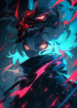 Fierce Anime Girl with Oni Mask - Premium Wooden Framed Poster. Ready to Hang.