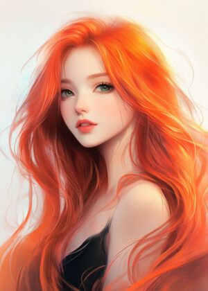 Fiery Locks: A Stunning Redhead Anime Girl Portrait - Premium Wooden Framed Poster. Ready to Hang.