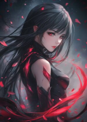 Anime Girl with Red Energy: Dark Fantasy Art Print - Premium Wooden Framed Poster. Ready to Hang.