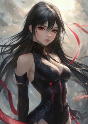 Anime Girl with Fiery Red Eyes: Digital Art Print - Premium Wooden Framed Poster. Ready to Hang.