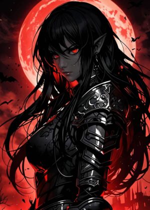 Dark Elf Warrior: Crimson Moon Art Print - Premium Wooden Framed Poster. Ready to Hang.
