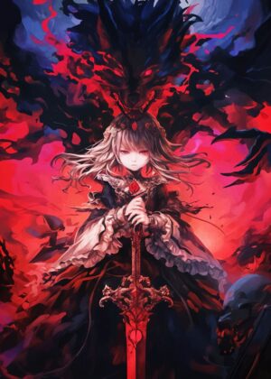 Anime Girl with Sword and Dragon: Dark Fantasy Art Print - Premium Wooden Framed Poster. Ready to Hang.