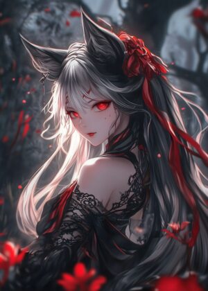 Anime Wolf Girl: Dark Elegance - Premium Wooden Framed Poster. Ready to Hang.