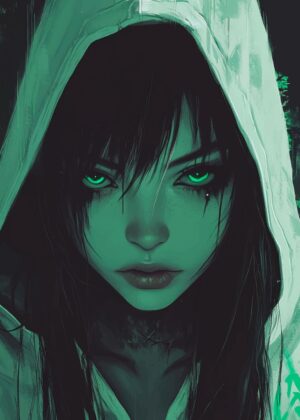 Mysterious Green-Eyed Woman in a Hood - Premium Wooden Framed Poster. Ready to Hang.